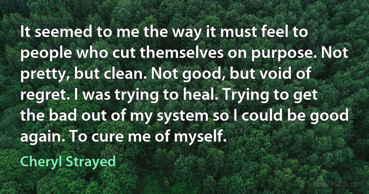 It seemed to me the way it must feel to people who cut themselves on purpose. Not pretty, but clean. Not good, but void of regret. I was trying to heal. Trying to get the bad out of my system so I could be good again. To cure me of myself. (Cheryl Strayed)