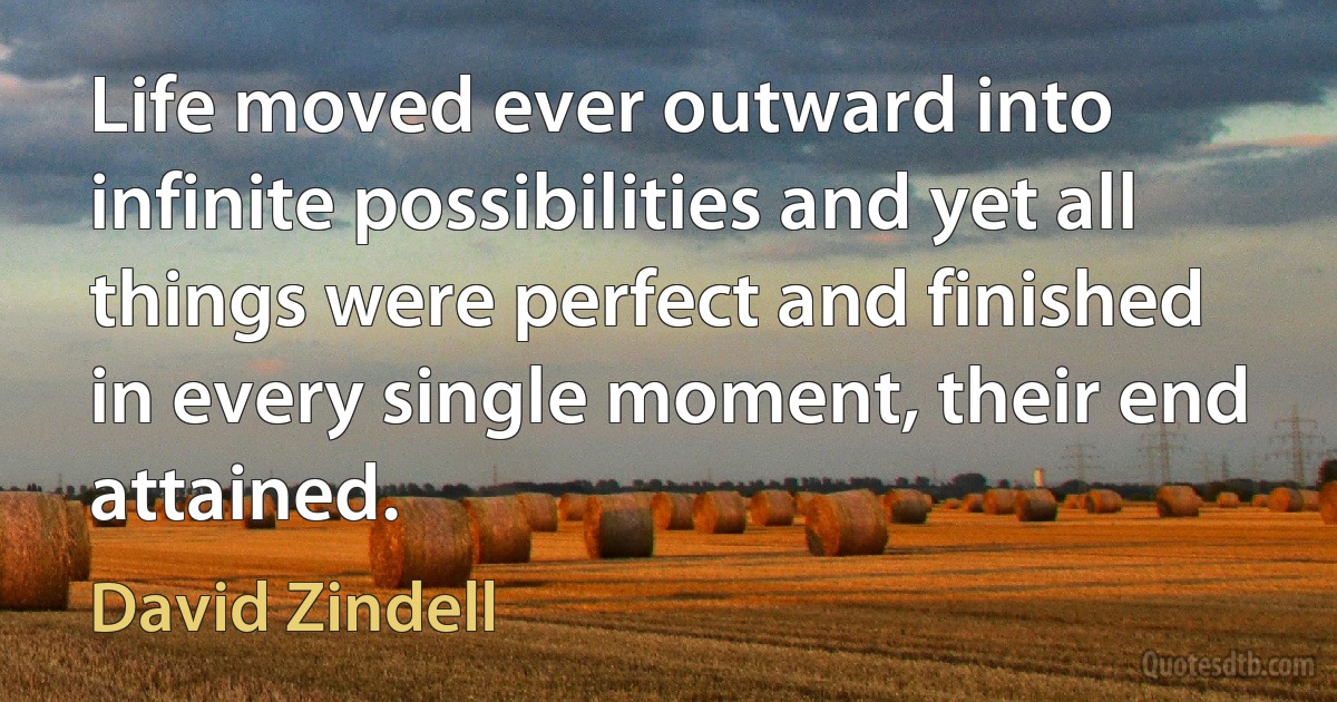 Life moved ever outward into infinite possibilities and yet all things were perfect and finished in every single moment, their end attained. (David Zindell)