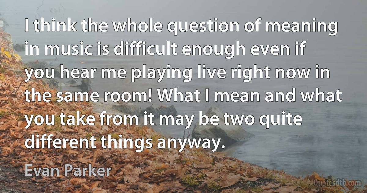 I think the whole question of meaning in music is difficult enough even if you hear me playing live right now in the same room! What I mean and what you take from it may be two quite different things anyway. (Evan Parker)