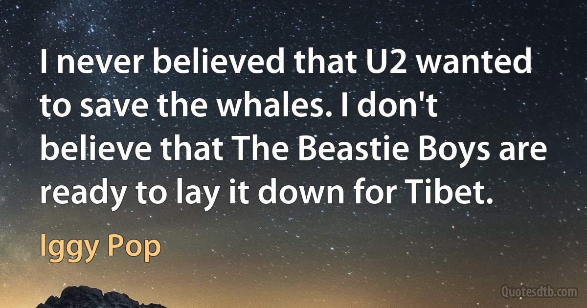 I never believed that U2 wanted to save the whales. I don't believe that The Beastie Boys are ready to lay it down for Tibet. (Iggy Pop)