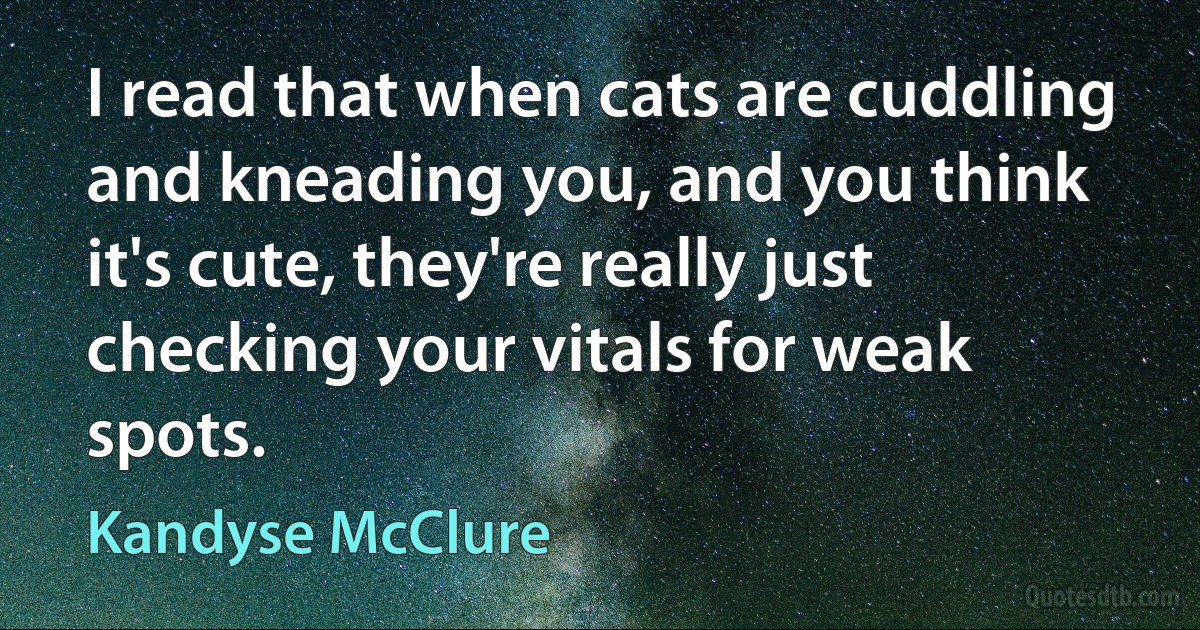 I read that when cats are cuddling and kneading you, and you think it's cute, they're really just checking your vitals for weak spots. (Kandyse McClure)