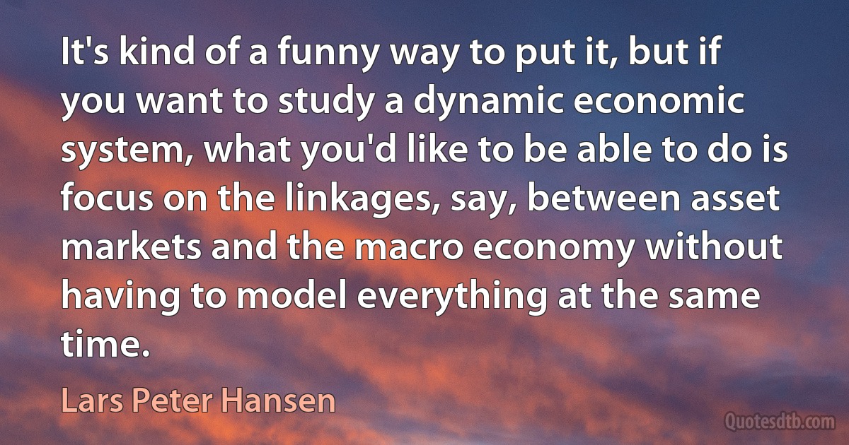 It's kind of a funny way to put it, but if you want to study a dynamic economic system, what you'd like to be able to do is focus on the linkages, say, between asset markets and the macro economy without having to model everything at the same time. (Lars Peter Hansen)