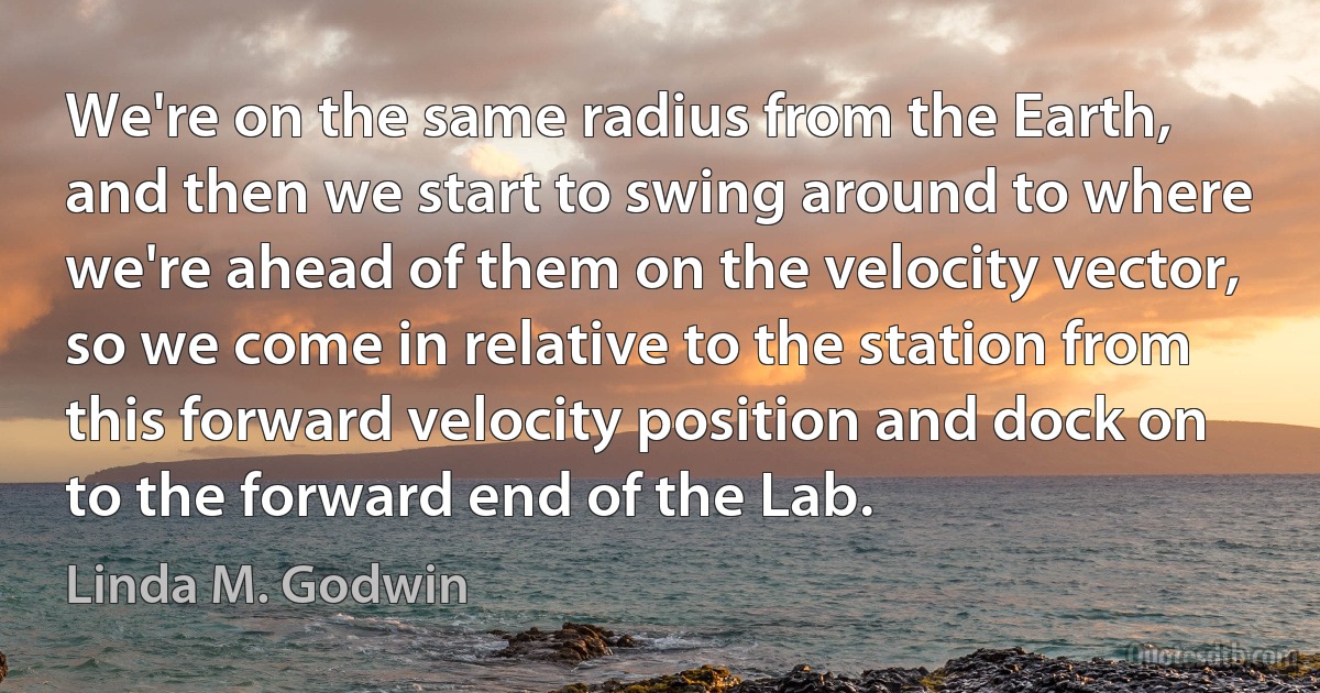 We're on the same radius from the Earth, and then we start to swing around to where we're ahead of them on the velocity vector, so we come in relative to the station from this forward velocity position and dock on to the forward end of the Lab. (Linda M. Godwin)