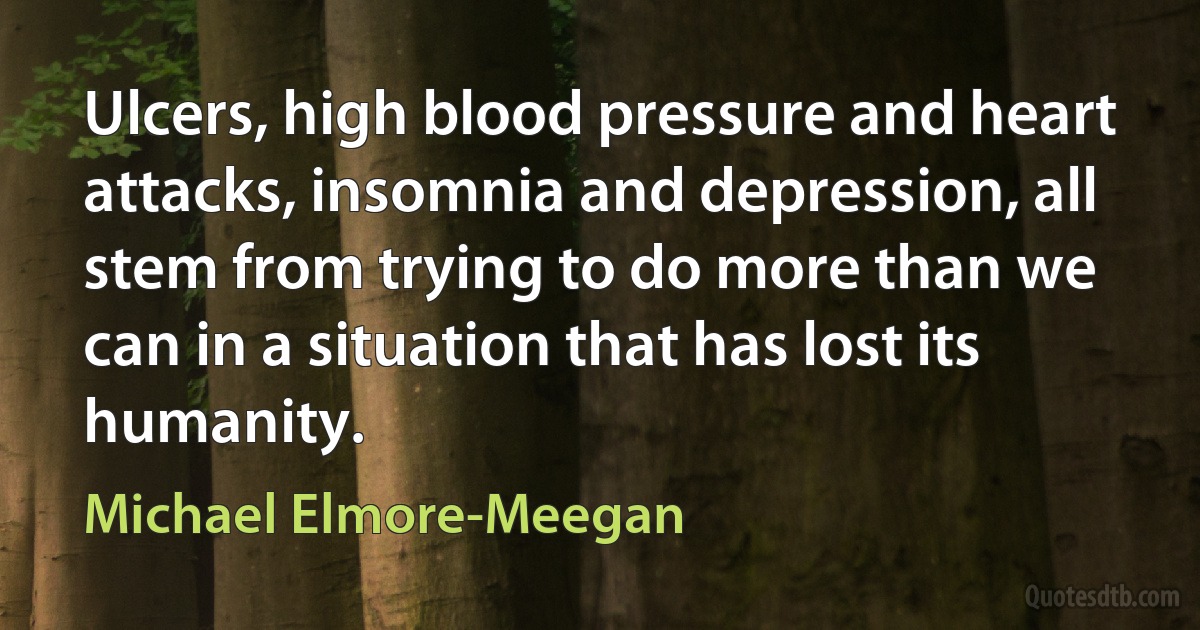 Ulcers, high blood pressure and heart attacks, insomnia and depression, all stem from trying to do more than we can in a situation that has lost its humanity. (Michael Elmore-Meegan)