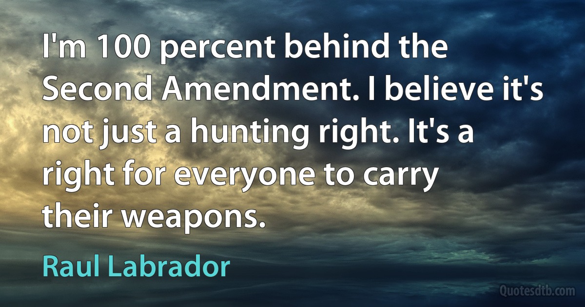 I'm 100 percent behind the Second Amendment. I believe it's not just a hunting right. It's a right for everyone to carry their weapons. (Raul Labrador)