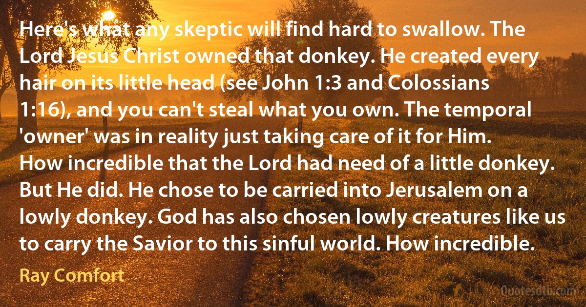 Here's what any skeptic will find hard to swallow. The Lord Jesus Christ owned that donkey. He created every hair on its little head (see John 1:3 and Colossians 1:16), and you can't steal what you own. The temporal 'owner' was in reality just taking care of it for Him. How incredible that the Lord had need of a little donkey. But He did. He chose to be carried into Jerusalem on a lowly donkey. God has also chosen lowly creatures like us to carry the Savior to this sinful world. How incredible. (Ray Comfort)