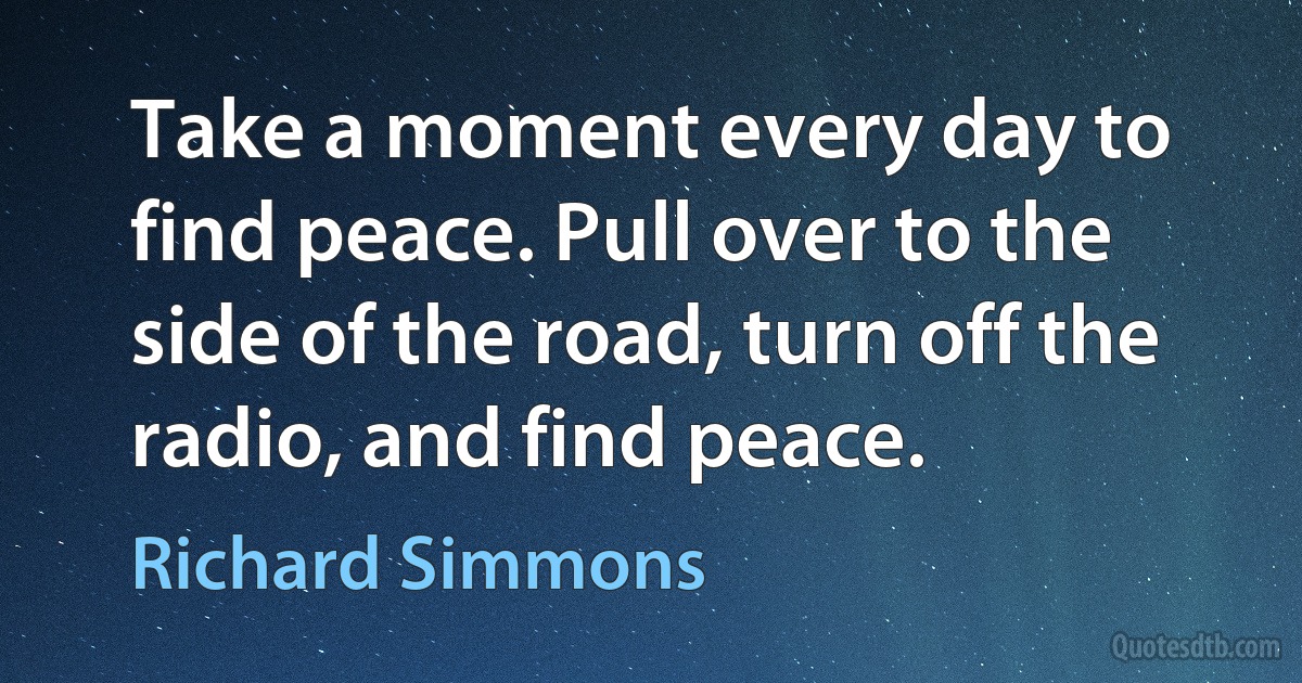 Take a moment every day to find peace. Pull over to the side of the road, turn off the radio, and find peace. (Richard Simmons)