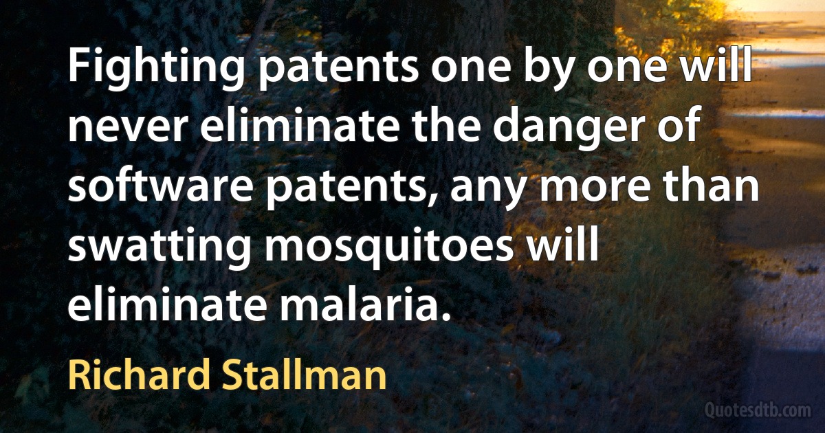 Fighting patents one by one will never eliminate the danger of software patents, any more than swatting mosquitoes will eliminate malaria. (Richard Stallman)