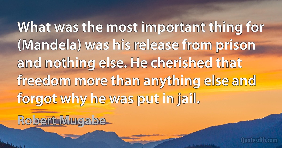 What was the most important thing for (Mandela) was his release from prison and nothing else. He cherished that freedom more than anything else and forgot why he was put in jail. (Robert Mugabe)