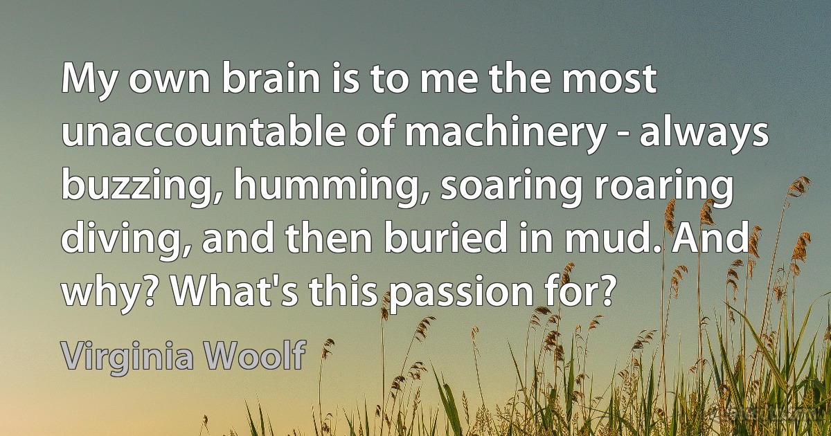 My own brain is to me the most unaccountable of machinery - always buzzing, humming, soaring roaring diving, and then buried in mud. And why? What's this passion for? (Virginia Woolf)