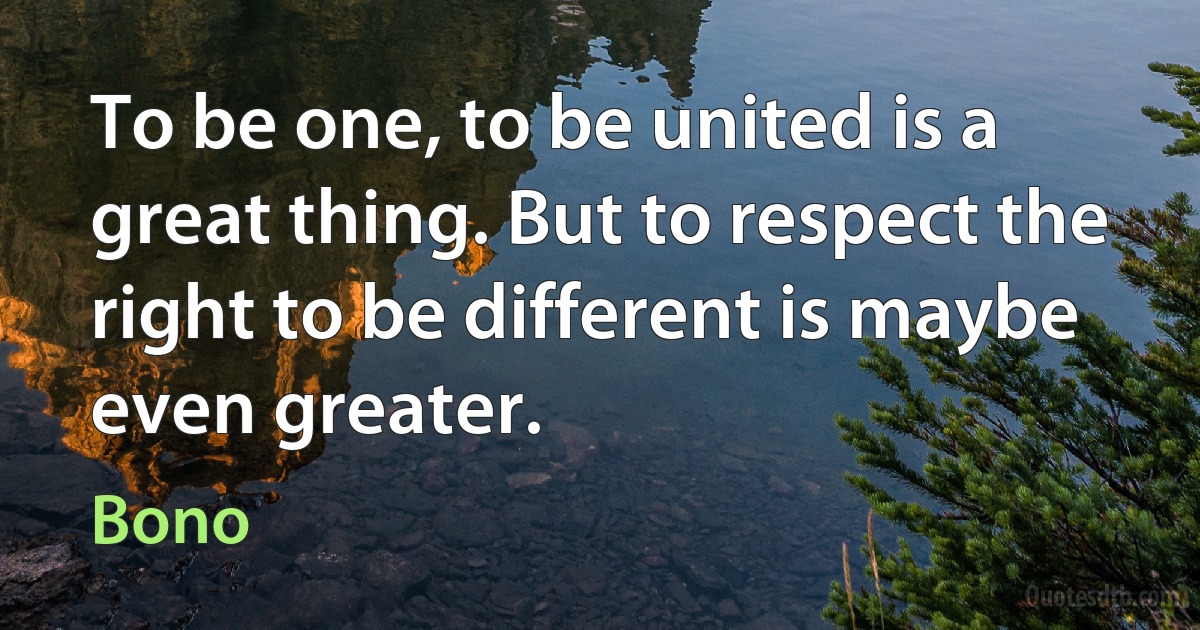 To be one, to be united is a great thing. But to respect the right to be different is maybe even greater. (Bono)