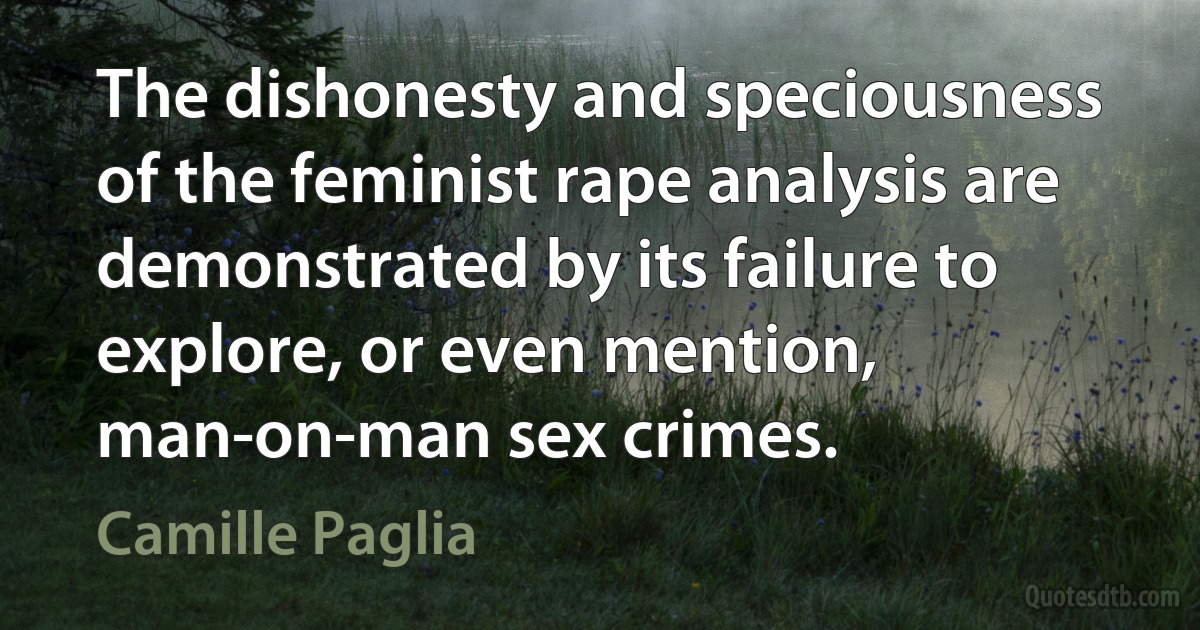 The dishonesty and speciousness of the feminist rape analysis are demonstrated by its failure to explore, or even mention, man-on-man sex crimes. (Camille Paglia)