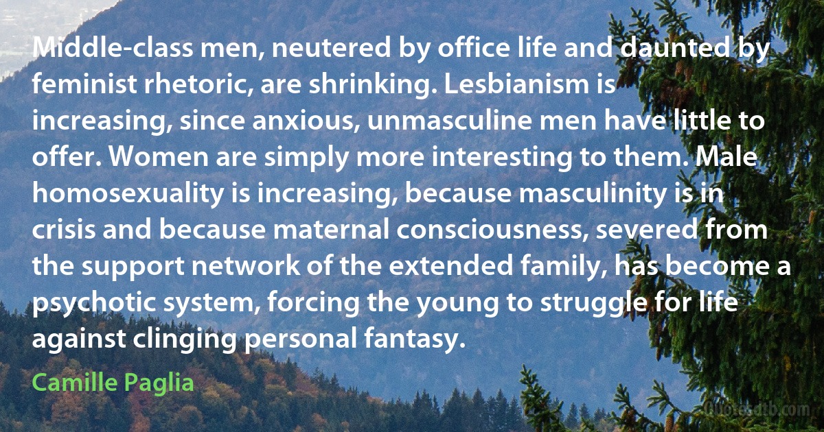 Middle-class men, neutered by office life and daunted by feminist rhetoric, are shrinking. Lesbianism is increasing, since anxious, unmasculine men have little to offer. Women are simply more interesting to them. Male homosexuality is increasing, because masculinity is in crisis and because maternal consciousness, severed from the support network of the extended family, has become a psychotic system, forcing the young to struggle for life against clinging personal fantasy. (Camille Paglia)