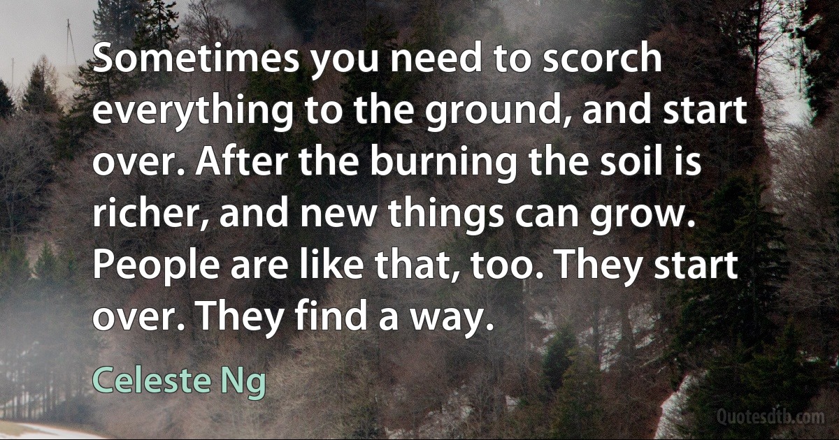 Sometimes you need to scorch everything to the ground, and start over. After the burning the soil is richer, and new things can grow. People are like that, too. They start over. They find a way. (Celeste Ng)