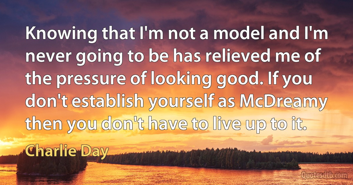 Knowing that I'm not a model and I'm never going to be has relieved me of the pressure of looking good. If you don't establish yourself as McDreamy then you don't have to live up to it. (Charlie Day)