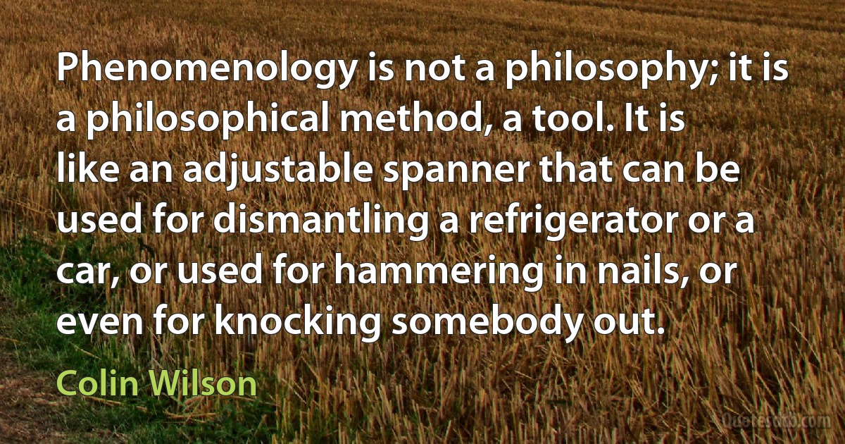 Phenomenology is not a philosophy; it is a philosophical method, a tool. It is like an adjustable spanner that can be used for dismantling a refrigerator or a car, or used for hammering in nails, or even for knocking somebody out. (Colin Wilson)