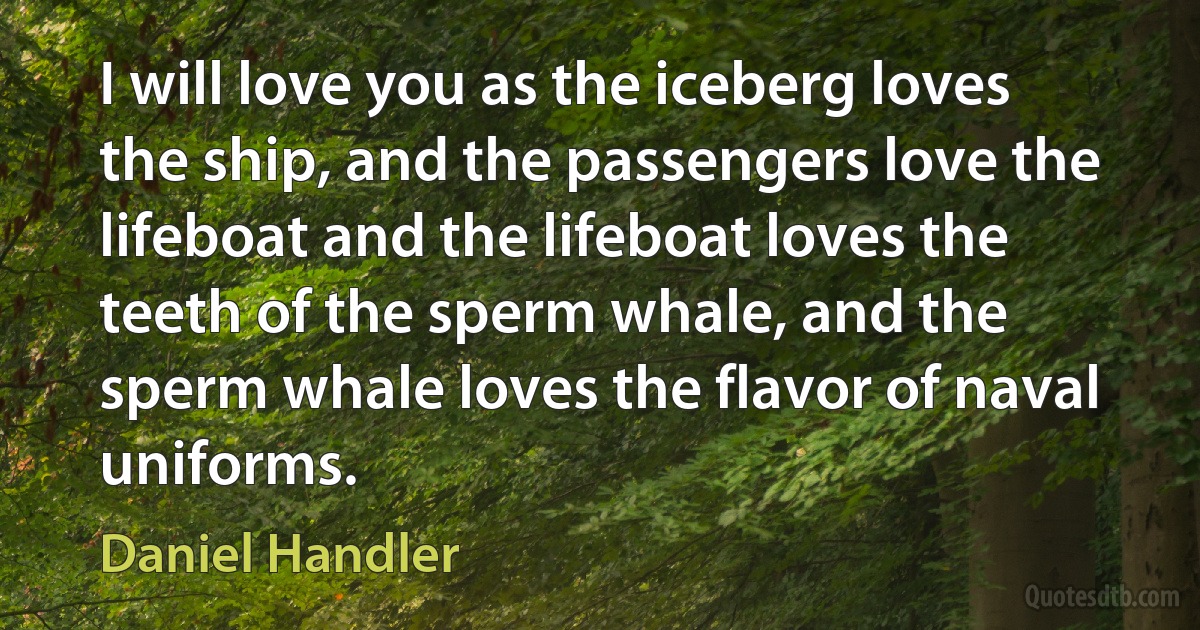 I will love you as the iceberg loves the ship, and the passengers love the lifeboat and the lifeboat loves the teeth of the sperm whale, and the sperm whale loves the flavor of naval uniforms. (Daniel Handler)