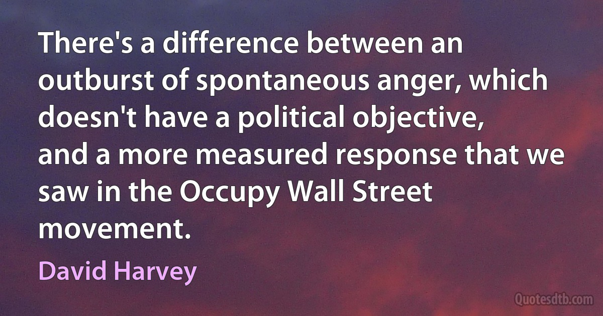 There's a difference between an outburst of spontaneous anger, which doesn't have a political objective, and a more measured response that we saw in the Occupy Wall Street movement. (David Harvey)