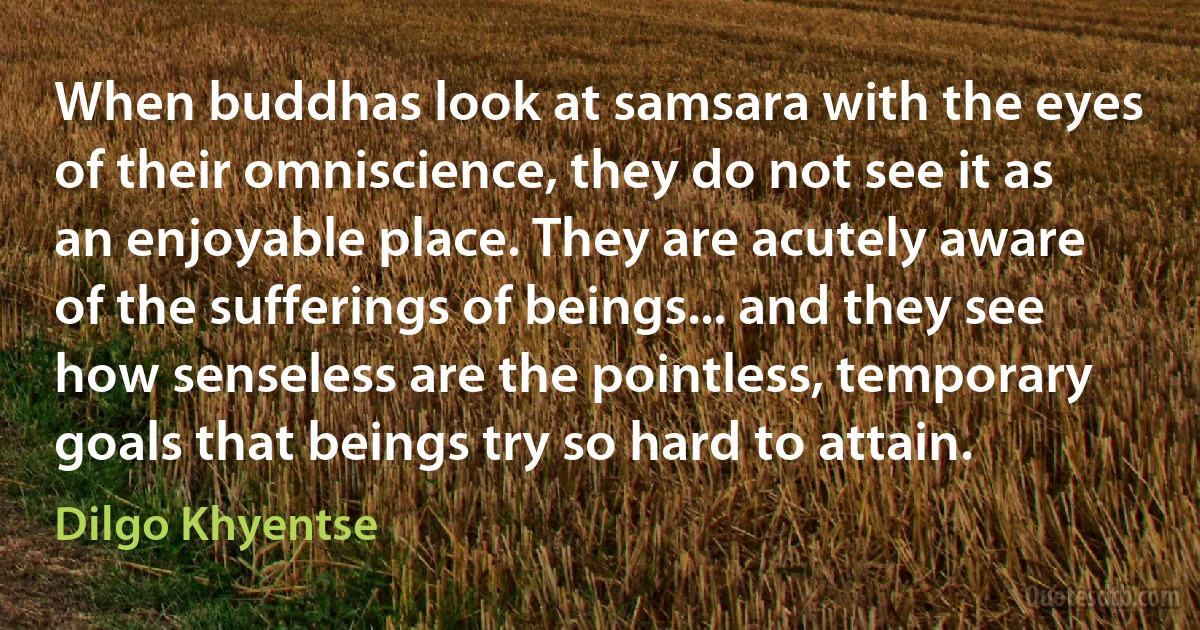 When buddhas look at samsara with the eyes of their omniscience, they do not see it as an enjoyable place. They are acutely aware of the sufferings of beings... and they see how senseless are the pointless, temporary goals that beings try so hard to attain. (Dilgo Khyentse)