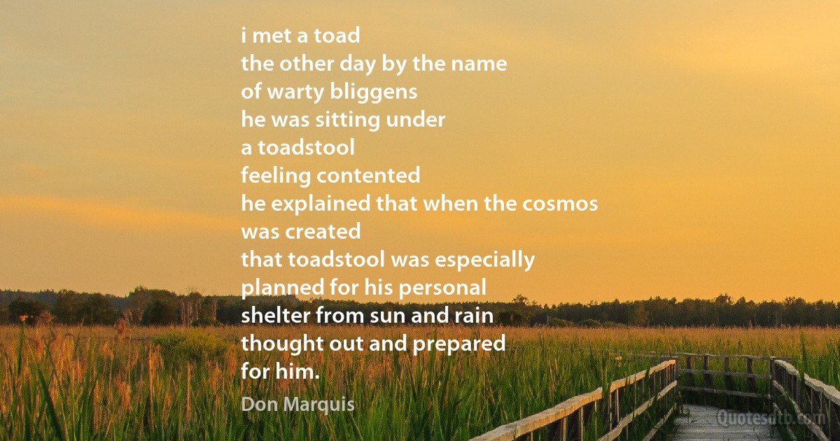 i met a toad
the other day by the name
of warty bliggens
he was sitting under
a toadstool
feeling contented
he explained that when the cosmos
was created
that toadstool was especially
planned for his personal
shelter from sun and rain
thought out and prepared
for him. (Don Marquis)