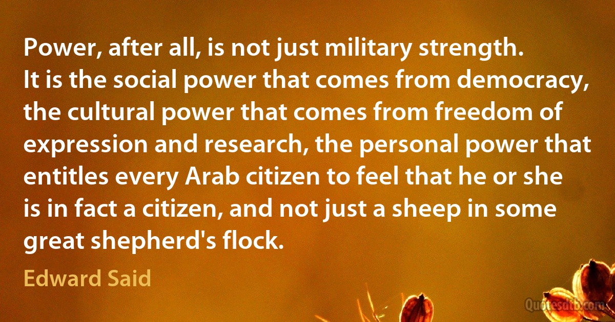 Power, after all, is not just military strength. It is the social power that comes from democracy, the cultural power that comes from freedom of expression and research, the personal power that entitles every Arab citizen to feel that he or she is in fact a citizen, and not just a sheep in some great shepherd's flock. (Edward Said)