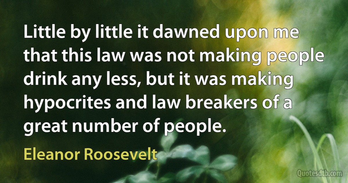 Little by little it dawned upon me that this law was not making people drink any less, but it was making hypocrites and law breakers of a great number of people. (Eleanor Roosevelt)