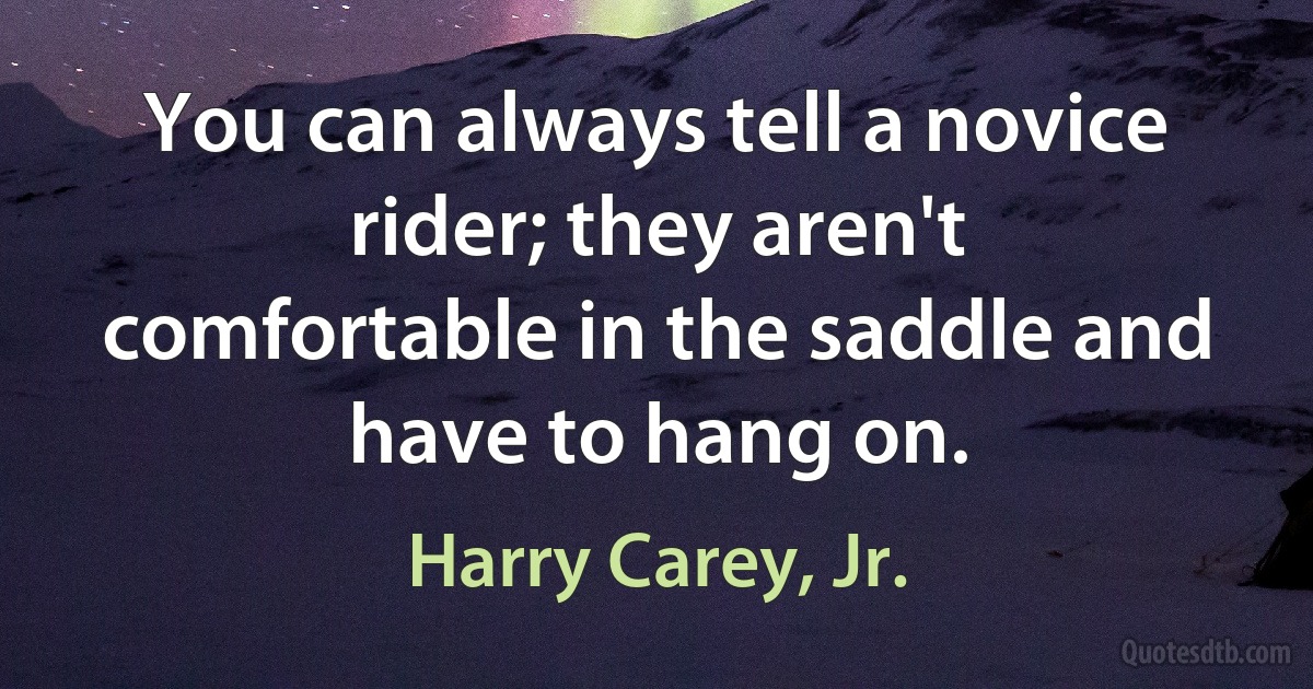 You can always tell a novice rider; they aren't comfortable in the saddle and have to hang on. (Harry Carey, Jr.)