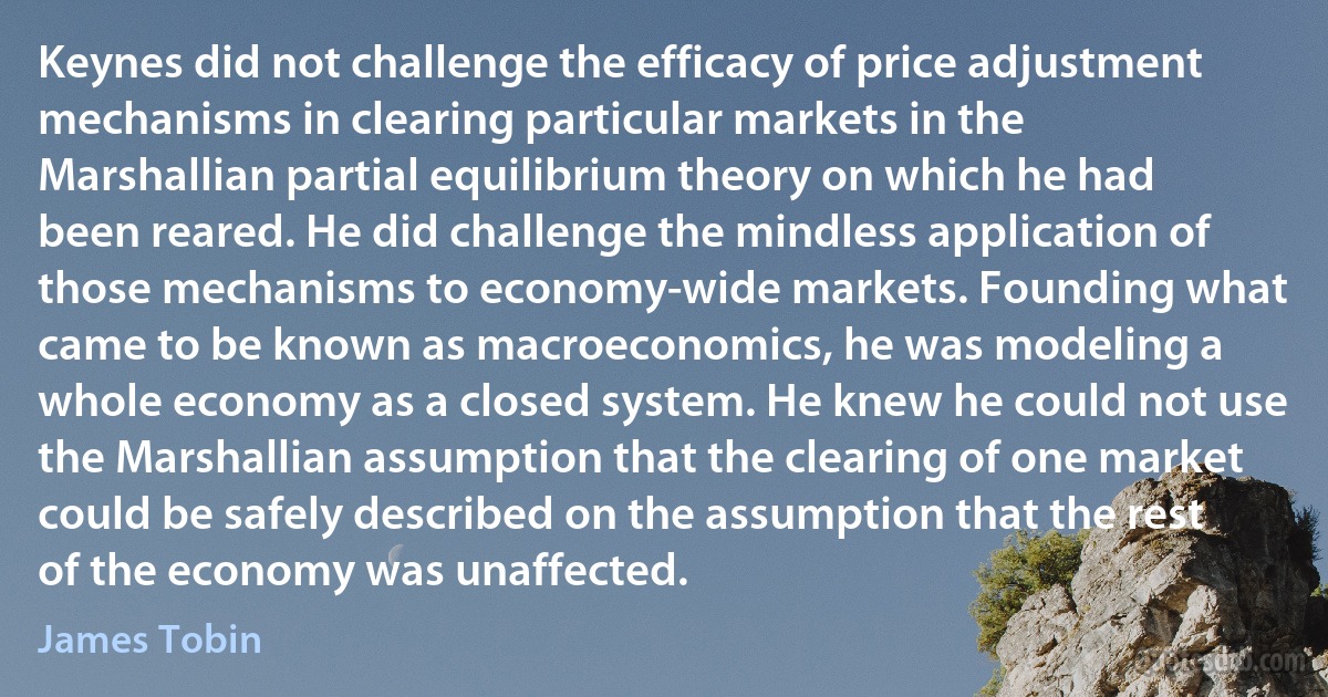 Keynes did not challenge the efficacy of price adjustment mechanisms in clearing particular markets in the Marshallian partial equilibrium theory on which he had been reared. He did challenge the mindless application of those mechanisms to economy-wide markets. Founding what came to be known as macroeconomics, he was modeling a whole economy as a closed system. He knew he could not use the Marshallian assumption that the clearing of one market could be safely described on the assumption that the rest of the economy was unaffected. (James Tobin)