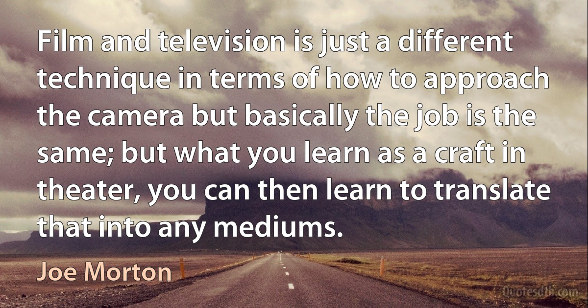 Film and television is just a different technique in terms of how to approach the camera but basically the job is the same; but what you learn as a craft in theater, you can then learn to translate that into any mediums. (Joe Morton)