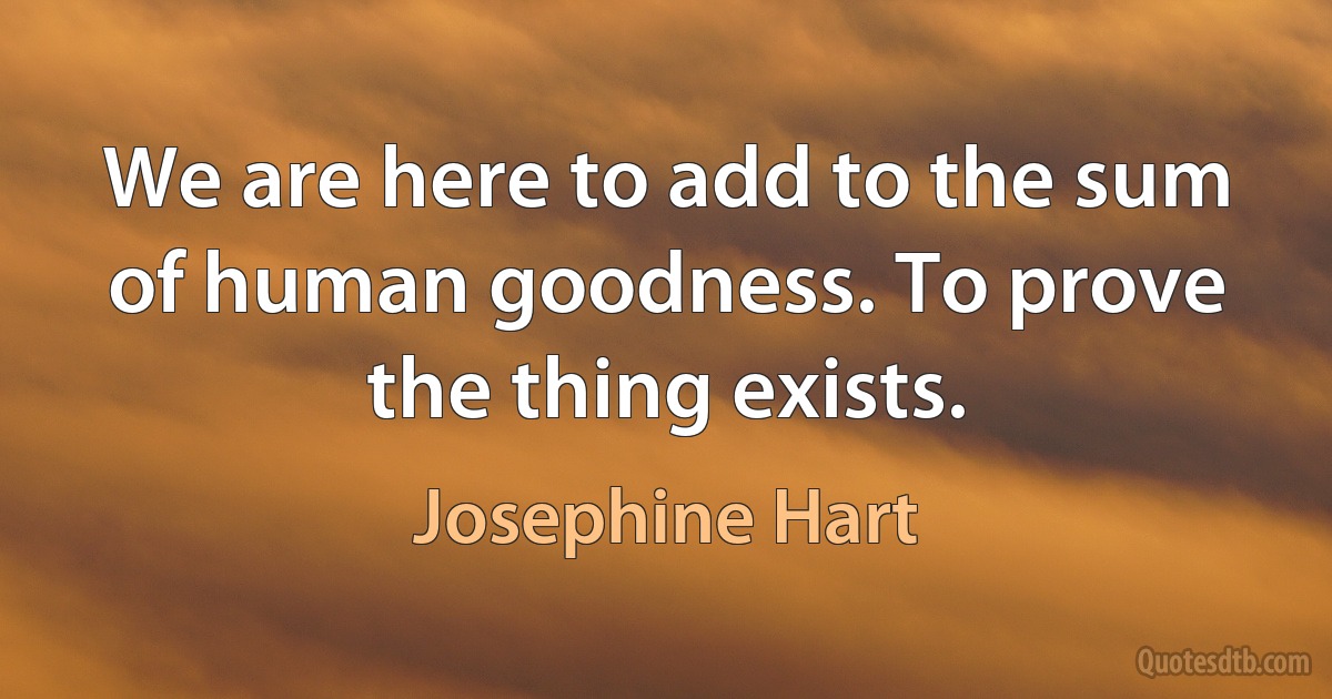 We are here to add to the sum of human goodness. To prove the thing exists. (Josephine Hart)