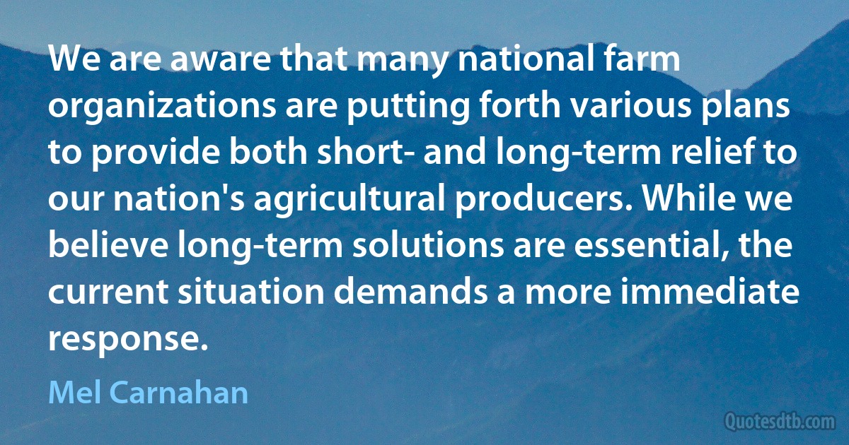 We are aware that many national farm organizations are putting forth various plans to provide both short- and long-term relief to our nation's agricultural producers. While we believe long-term solutions are essential, the current situation demands a more immediate response. (Mel Carnahan)