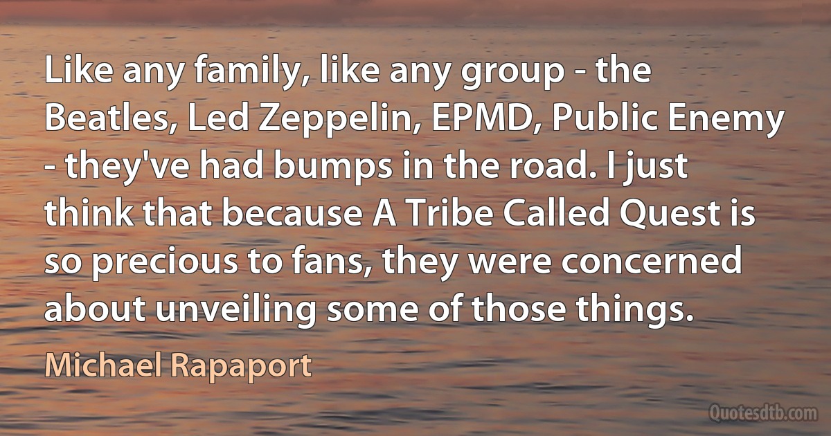 Like any family, like any group - the Beatles, Led Zeppelin, EPMD, Public Enemy - they've had bumps in the road. I just think that because A Tribe Called Quest is so precious to fans, they were concerned about unveiling some of those things. (Michael Rapaport)