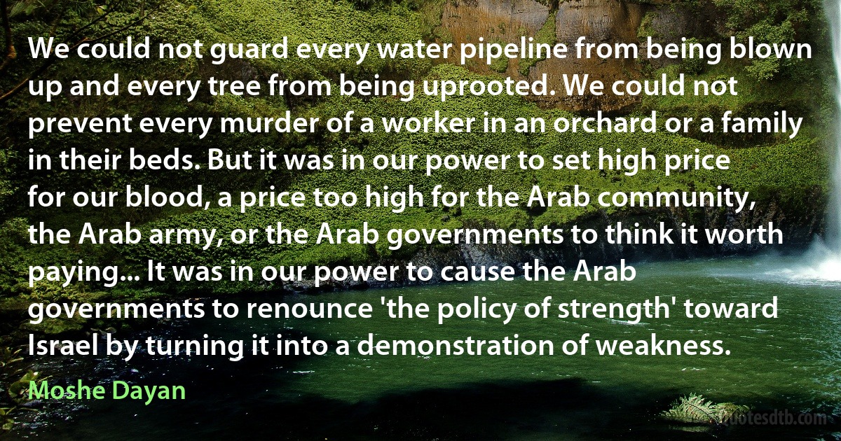 We could not guard every water pipeline from being blown up and every tree from being uprooted. We could not prevent every murder of a worker in an orchard or a family in their beds. But it was in our power to set high price for our blood, a price too high for the Arab community, the Arab army, or the Arab governments to think it worth paying... It was in our power to cause the Arab governments to renounce 'the policy of strength' toward Israel by turning it into a demonstration of weakness. (Moshe Dayan)