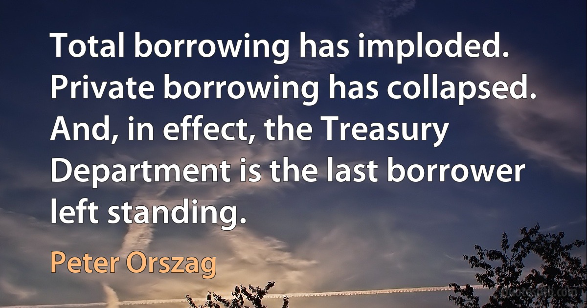 Total borrowing has imploded. Private borrowing has collapsed. And, in effect, the Treasury Department is the last borrower left standing. (Peter Orszag)