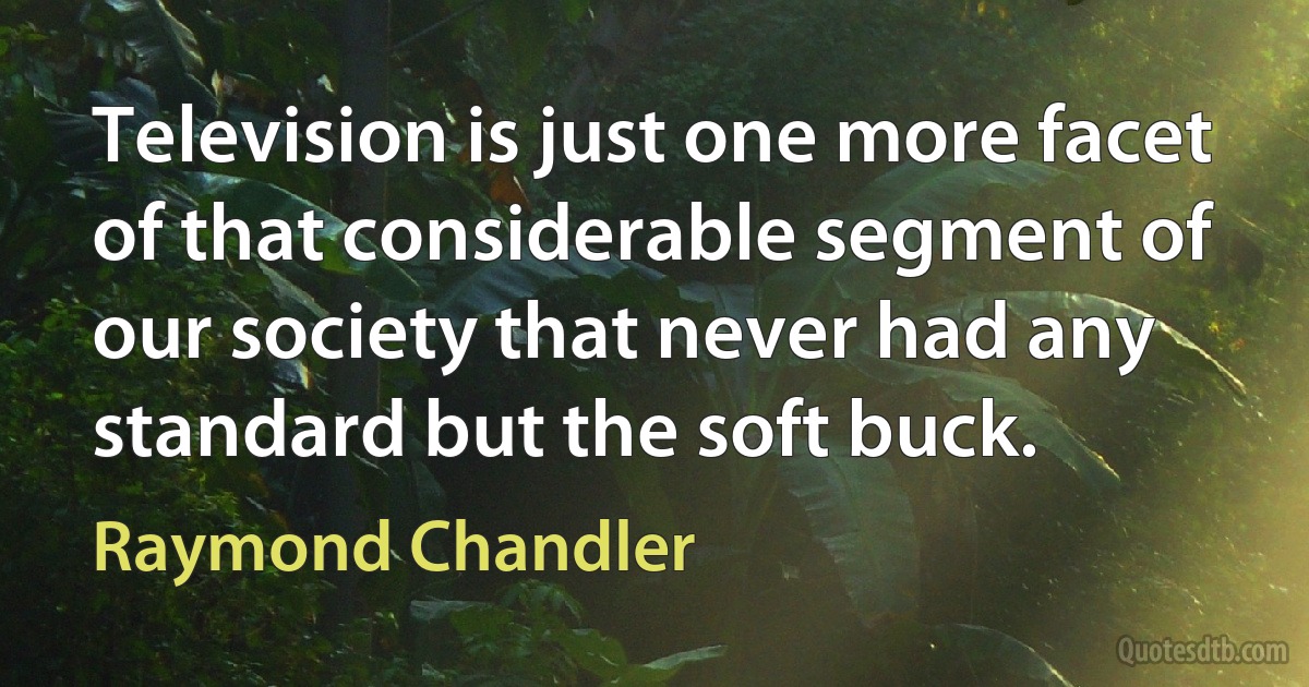 Television is just one more facet of that considerable segment of our society that never had any standard but the soft buck. (Raymond Chandler)