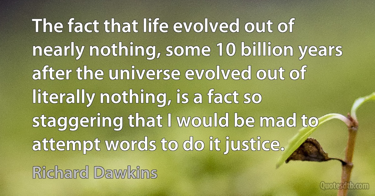 The fact that life evolved out of nearly nothing, some 10 billion years after the universe evolved out of literally nothing, is a fact so staggering that I would be mad to attempt words to do it justice. (Richard Dawkins)