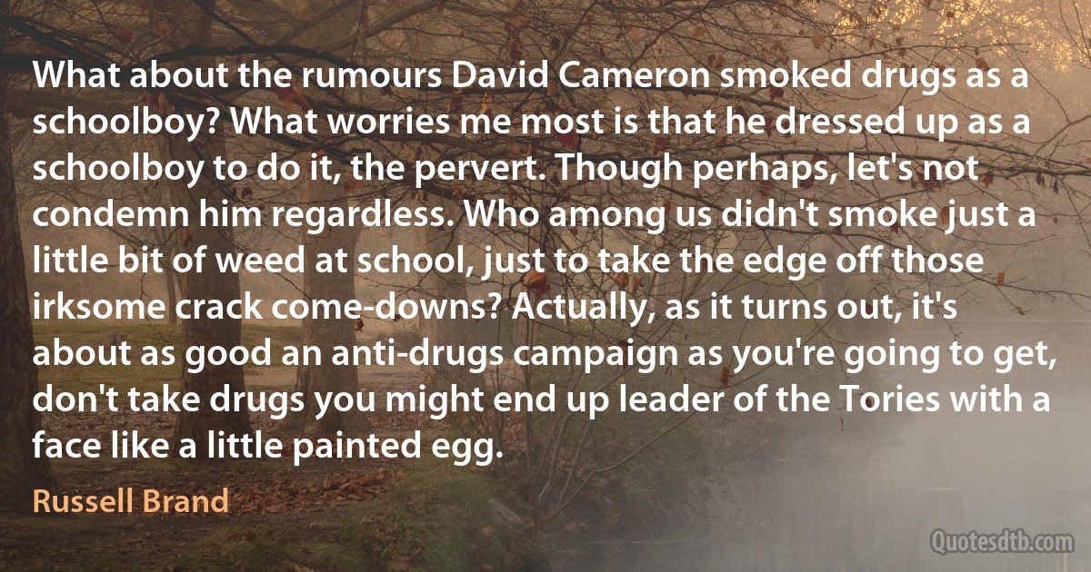 What about the rumours David Cameron smoked drugs as a schoolboy? What worries me most is that he dressed up as a schoolboy to do it, the pervert. Though perhaps, let's not condemn him regardless. Who among us didn't smoke just a little bit of weed at school, just to take the edge off those irksome crack come-downs? Actually, as it turns out, it's about as good an anti-drugs campaign as you're going to get, don't take drugs you might end up leader of the Tories with a face like a little painted egg. (Russell Brand)