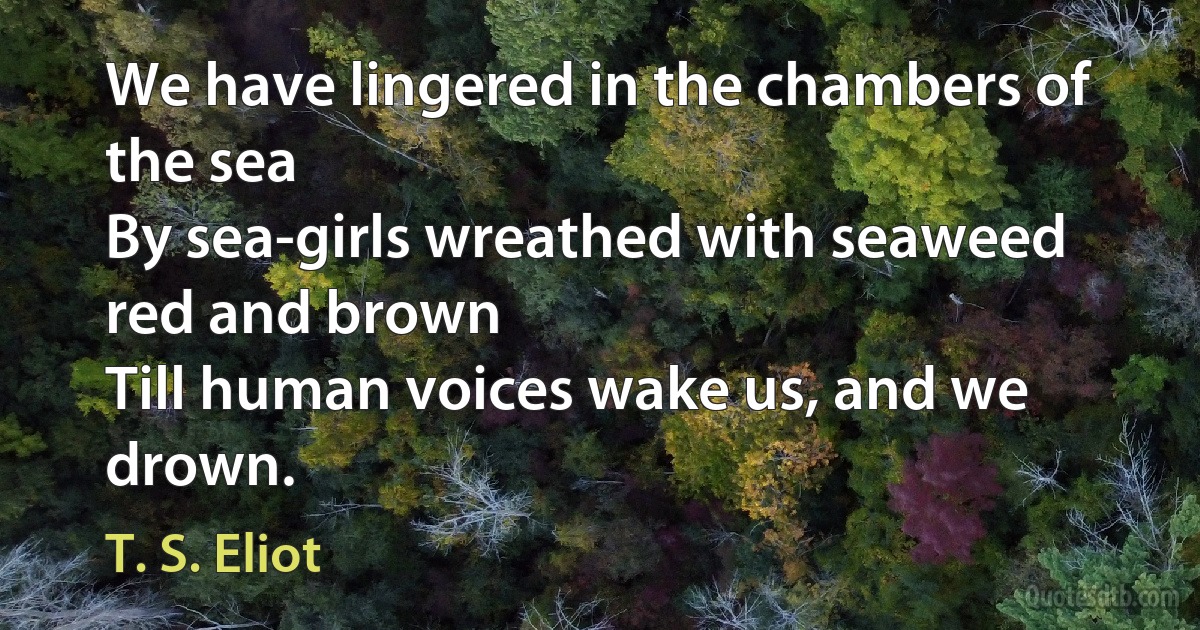 We have lingered in the chambers of the sea
By sea-girls wreathed with seaweed red and brown
Till human voices wake us, and we drown. (T. S. Eliot)