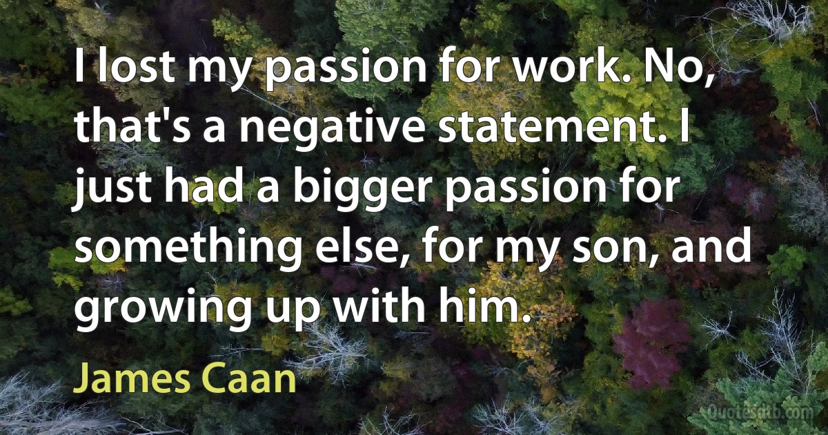 I lost my passion for work. No, that's a negative statement. I just had a bigger passion for something else, for my son, and growing up with him. (James Caan)