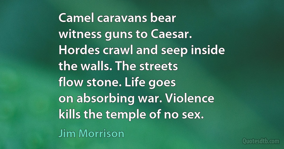 Camel caravans bear
witness guns to Caesar.
Hordes crawl and seep inside
the walls. The streets
flow stone. Life goes
on absorbing war. Violence
kills the temple of no sex. (Jim Morrison)