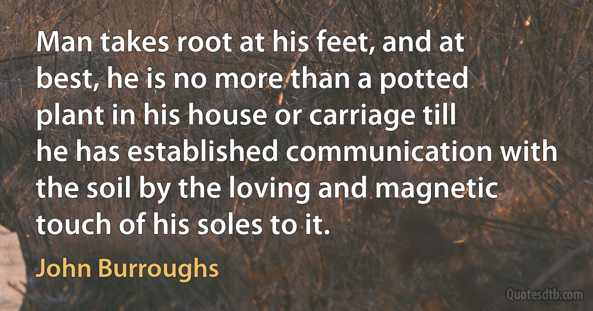 Man takes root at his feet, and at best, he is no more than a potted plant in his house or carriage till he has established communication with the soil by the loving and magnetic touch of his soles to it. (John Burroughs)