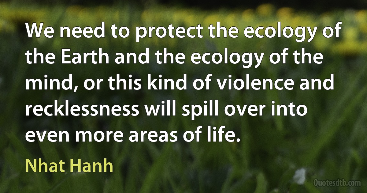 We need to protect the ecology of the Earth and the ecology of the mind, or this kind of violence and recklessness will spill over into even more areas of life. (Nhat Hanh)