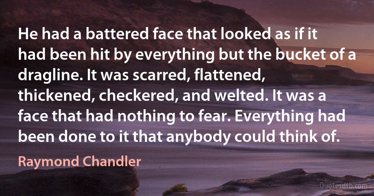 He had a battered face that looked as if it had been hit by everything but the bucket of a dragline. It was scarred, flattened, thickened, checkered, and welted. It was a face that had nothing to fear. Everything had been done to it that anybody could think of. (Raymond Chandler)