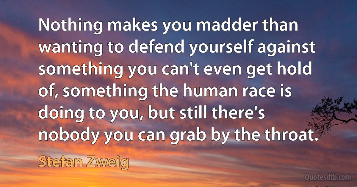 Nothing makes you madder than wanting to defend yourself against something you can't even get hold of, something the human race is doing to you, but still there's nobody you can grab by the throat. (Stefan Zweig)