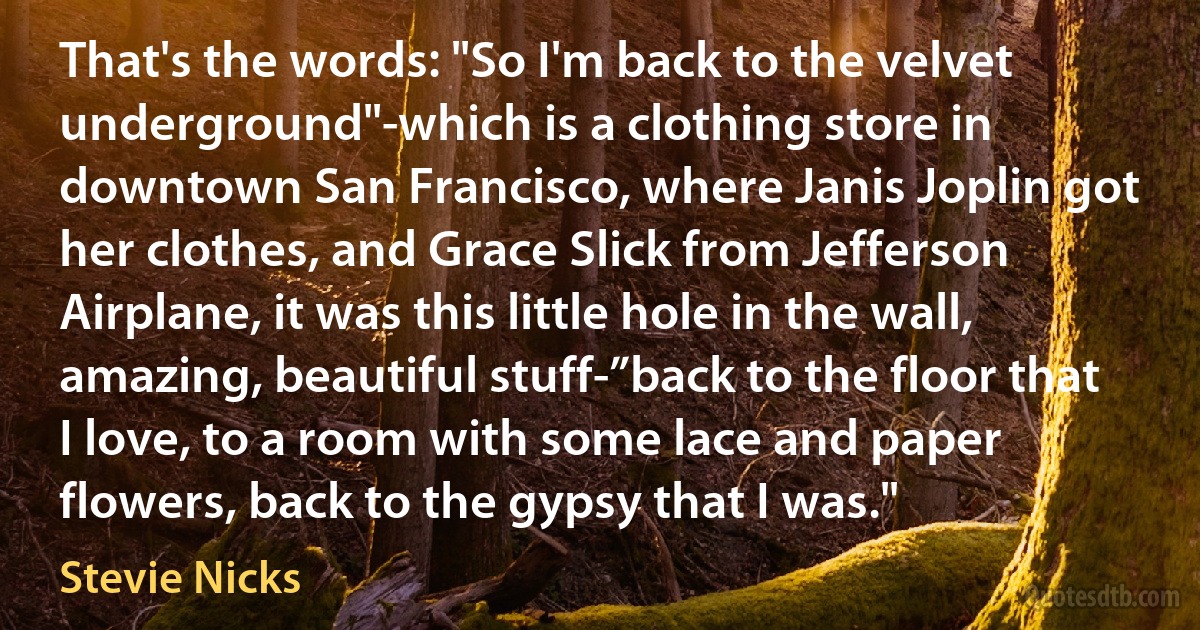 That's the words: "So I'm back to the velvet underground"-which is a clothing store in downtown San Francisco, where Janis Joplin got her clothes, and Grace Slick from Jefferson Airplane, it was this little hole in the wall, amazing, beautiful stuff-”back to the floor that I love, to a room with some lace and paper flowers, back to the gypsy that I was." (Stevie Nicks)