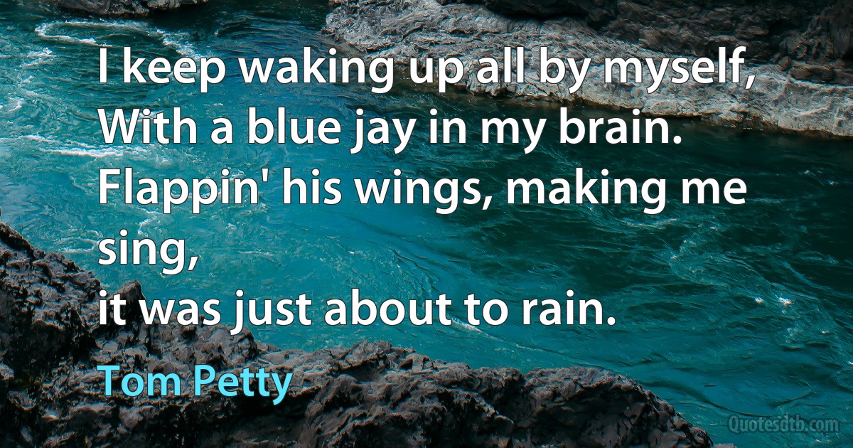 I keep waking up all by myself,
With a blue jay in my brain.
Flappin' his wings, making me sing,
it was just about to rain. (Tom Petty)