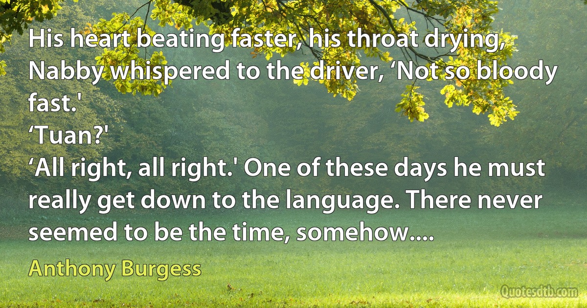 His heart beating faster, his throat drying, Nabby whispered to the driver, ‘Not so bloody fast.'
‘Tuan?'
‘All right, all right.' One of these days he must really get down to the language. There never seemed to be the time, somehow.... (Anthony Burgess)