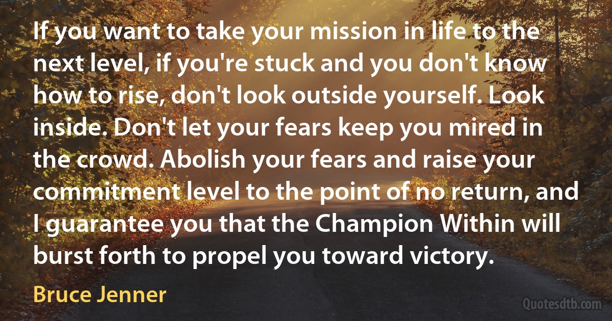 If you want to take your mission in life to the next level, if you're stuck and you don't know how to rise, don't look outside yourself. Look inside. Don't let your fears keep you mired in the crowd. Abolish your fears and raise your commitment level to the point of no return, and I guarantee you that the Champion Within will burst forth to propel you toward victory. (Bruce Jenner)