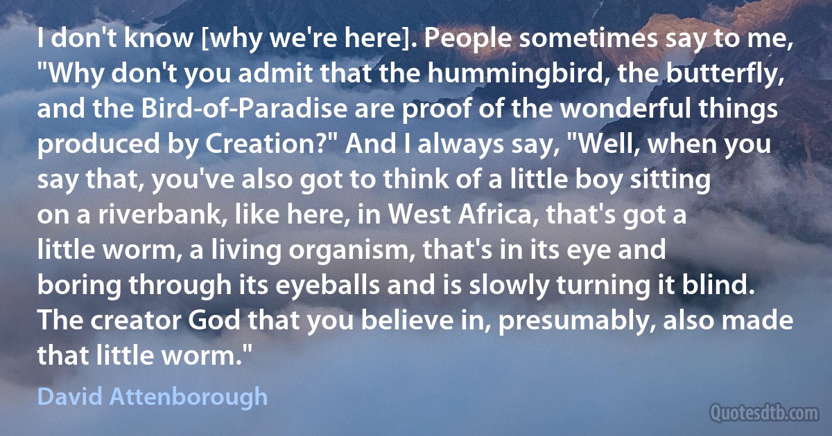 I don't know [why we're here]. People sometimes say to me, "Why don't you admit that the hummingbird, the butterfly, and the Bird-of-Paradise are proof of the wonderful things produced by Creation?" And I always say, "Well, when you say that, you've also got to think of a little boy sitting on a riverbank, like here, in West Africa, that's got a little worm, a living organism, that's in its eye and boring through its eyeballs and is slowly turning it blind. The creator God that you believe in, presumably, also made that little worm." (David Attenborough)