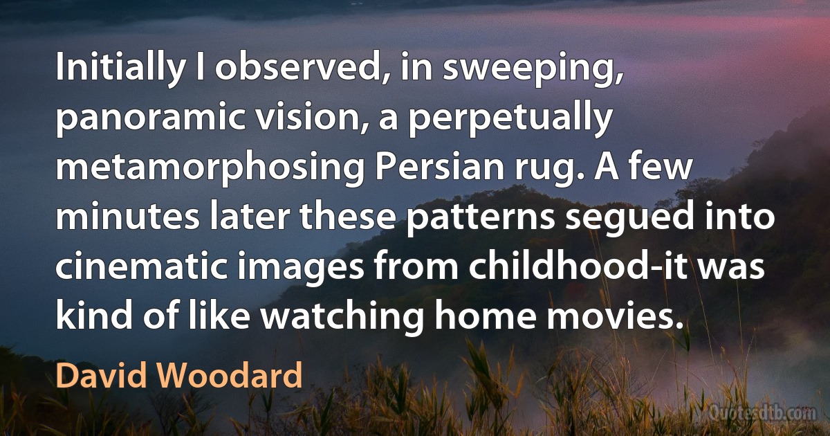 Initially I observed, in sweeping, panoramic vision, a perpetually metamorphosing Persian rug. A few minutes later these patterns segued into cinematic images from childhood-it was kind of like watching home movies. (David Woodard)